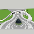 Modern Entrance Gate With Curved Structure Green Lawn Circular Fountain And Driveway Walkway