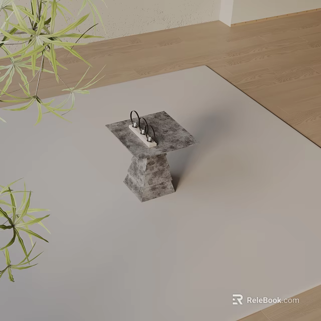 Contemporary Square Stone Side Table On Light Carpet With Green Plants Near Wooden Floor 3d model 