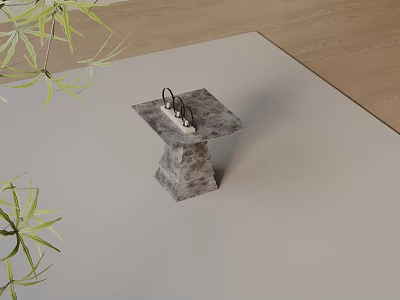 Contemporary Square Stone Side Table On Light Carpet With Green Plants Near Wooden Floor 3d model