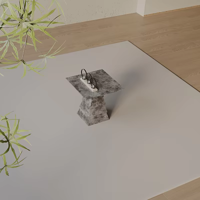 Contemporary Square Stone Side Table On Light Carpet With Green Plants Near Wooden Floor 3d model