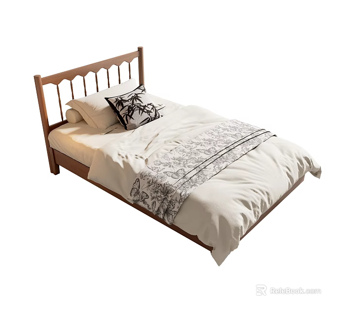 Single Bed with Wooden Headboard and Patterned Bedspread and Pillows 3d model