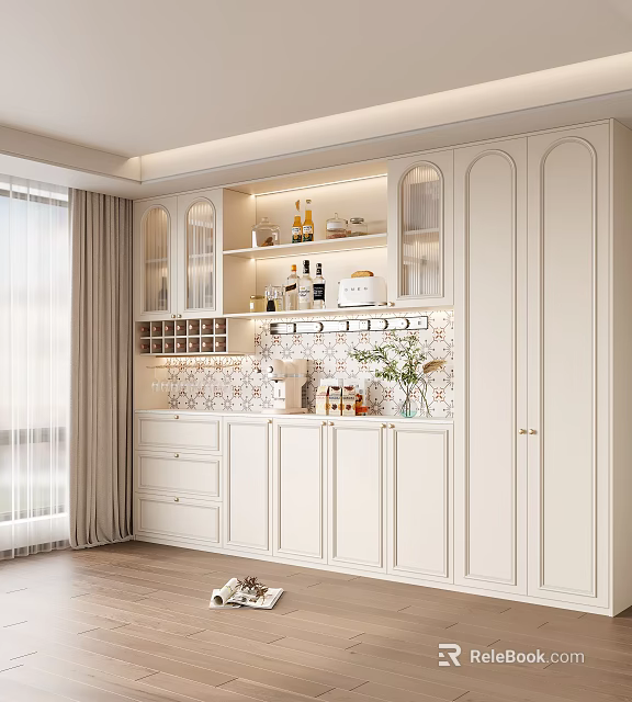 Modern White Wine Cabinet With Glass Display Doors Built in Lighting And Wine Storage 3d model 