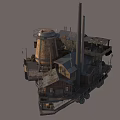 Floating Industrial Style Mechanical Structure Featuring Lighthouse Chimneys Small Houses And Bottom Metal Thrusters