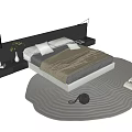 Double Bed With Black Headboard White Pillows Patterned Quilt Grey Round Rug And Items 3d model