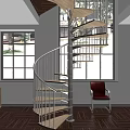 Spiral Staircase with Metal Railings Wooden Steps and Red Chair by Large Windows Street Trees