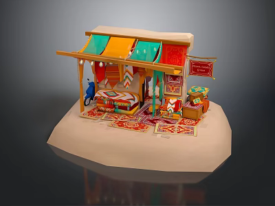 Cartoon Scene of a Market Stall with Colorful Awning Decorative Carpets Figurine and Vibrant Details 3d model