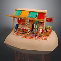 Cartoon Scene of a Market Stall with Colorful Awning Decorative Carpets Figurine and Vibrant Details