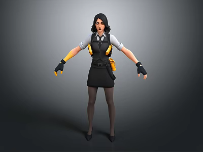 3D Rendered Woman Wearing Black Skirt White Shirt Vest Yellow Accents Tights Heels Gloves 3d model