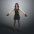 3D Rendered Woman Wearing Black Skirt White Shirt Vest Yellow Accents Tights Heels Gloves