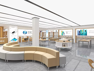 Modern Digital Store Interior Featuring Display Counters Shelves Electronic Products And Seating Area 3d model