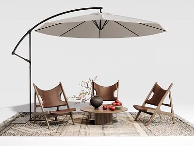 Modern Outdoor Chairs With Wooden Frame Brown Leather Seats Curved Umbrella And Coffee Table 3d model