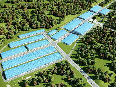 Industrial Factory with Multiple Buildings Blue Roofs Green Trees and Roads 3d model