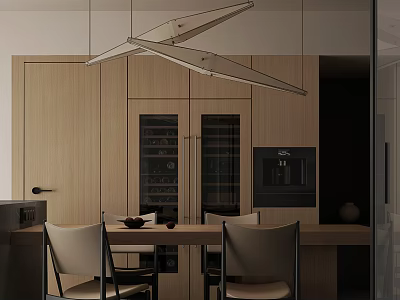 Modern Restaurant Interior With Wooden Cabinets Wine Storage Hanging Lights Dining Table And Chairs 3d model