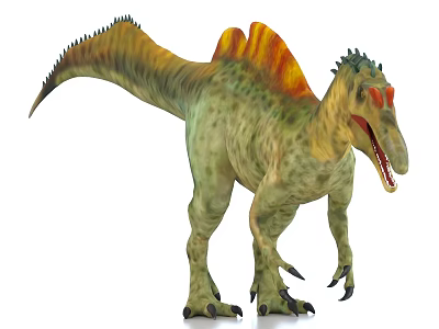 Dinosaur with green body yellow red sail red eyes and open mouth on white background 3d model