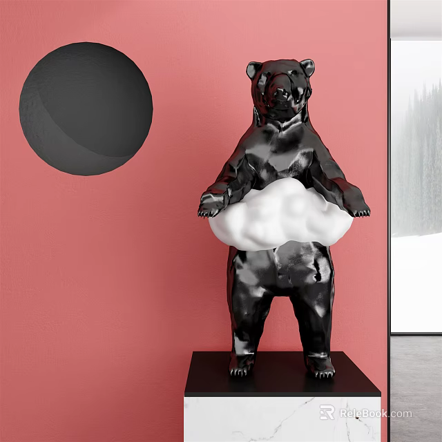 Modern Black Bear Sculpture Holding White Cloud with Pink Wall Background in Interior 3d model 