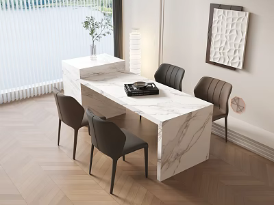 Modern Dining Table Set With White Marble Top And Dark Chairs In Modern Interior 3d model