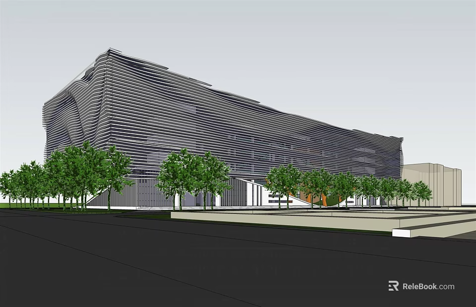 Modern Museum Architecture With Sleek Facade Dynamic Lines And Green Trees 3d model