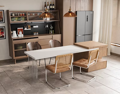 Modern Dining Table Set With White Tabletop Metal Frame Rattan Chairs Wooden Cabinets And Hanging Pendant Lights 3d model