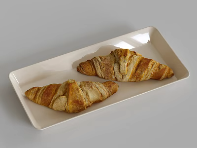 Two Fresh Flaky Golden Croissants Served On White Rectangular Plate 3d model