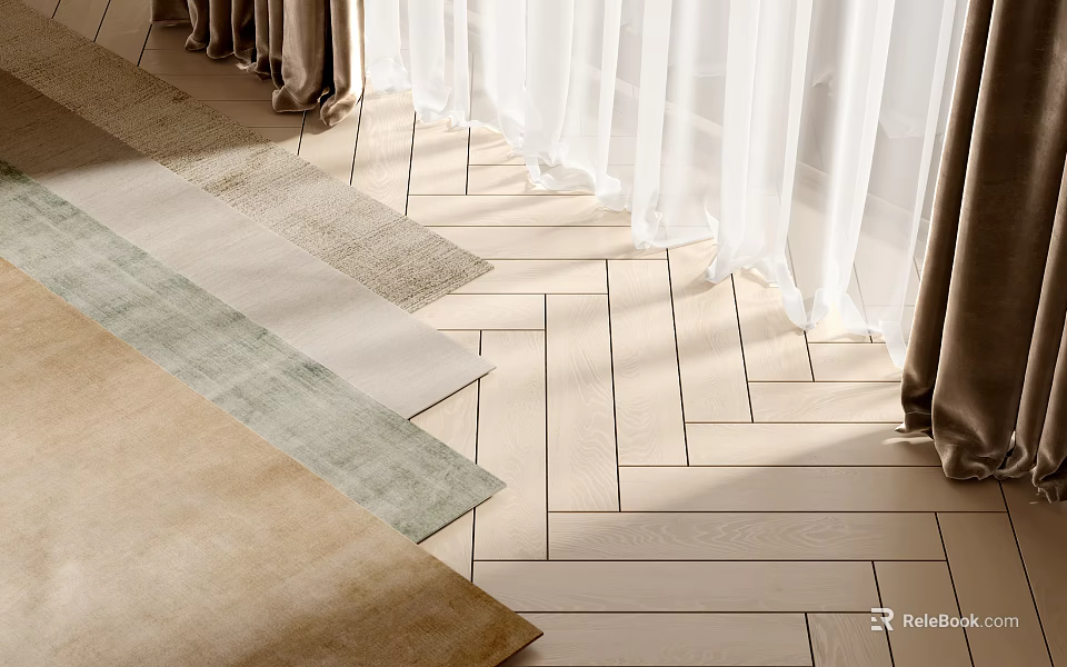 Square Rugs On Herringbone Wood Floor By Curtains 3d model 