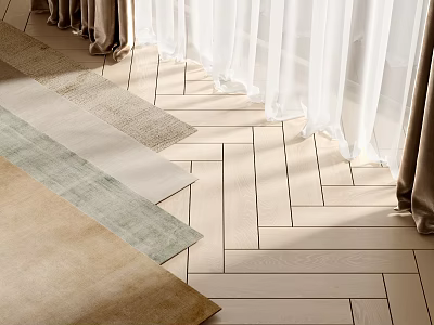 Square Rugs On Herringbone Wood Floor By Curtains 3d model