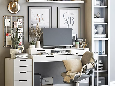 Modern Home Office Desk Chair Setup With Computer Monitor Framed Art And Bookshelf 3d model