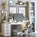 Modern Home Office Desk Chair Setup With Computer Monitor Framed Art And Bookshelf