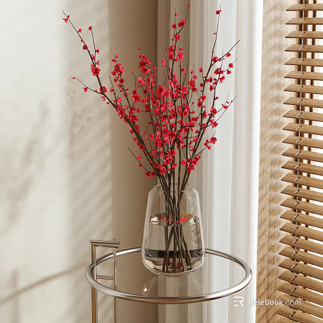 Transparent Vase With Red Flowers on Round Metal Table by Wooden Blinds Light Wall 3d model 