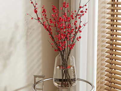 Transparent Vase With Red Flowers on Round Metal Table by Wooden Blinds Light Wall 3d model
