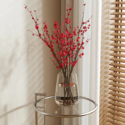 Transparent Vase With Red Flowers on Round Metal Table by Wooden Blinds Light Wall 3d model