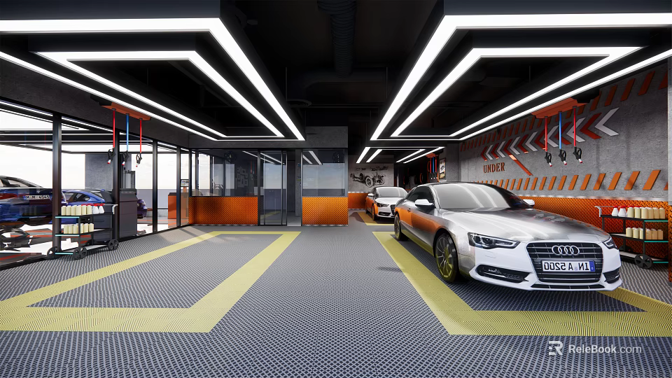 4S Auto Shop Modern Interior Featuring Car Display Bright Lighting and Gray Floor Yellow Lines 3d model 