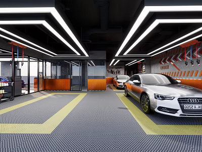 4S Auto Shop Modern Interior Featuring Car Display Bright Lighting and Gray Floor Yellow Lines 3d model