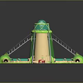 Green And Beige Tower With Circular Pathway Metal Stairs And Red Entrance