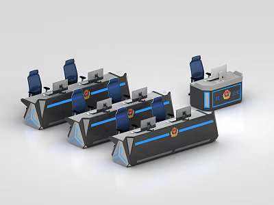 Multiple Modern Office Desks With Blue Accents Chairs And Computer Monitors 3d model