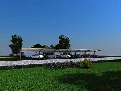 Covered Parking Lot With Parked Cars Surrounded By Trees And Green Lawn 3d model
