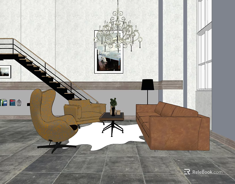 Modern Living Room Brown Sofa Coffee Table Set With Yellow Armchair Chandelier 3d model 