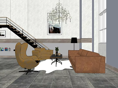 Modern Living Room Brown Sofa Coffee Table Set With Yellow Armchair Chandelier 3d model