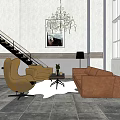 Modern Living Room Brown Sofa Coffee Table Set With Yellow Armchair Chandelier