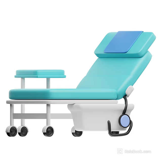 Turquoise Medical Examination Bed With Small Table Wheels And Adjustment Device 3d model 