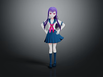 Anime Fictional Character With Purple Hair Red Eyes Blue Sailor Uniform And Pink Bow 3d model