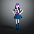 Anime Fictional Character With Purple Hair Red Eyes Blue Sailor Uniform And Pink Bow