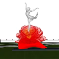 Silver Ballerina Standing on One Foot Sculpture on Large Red Lotus Flower