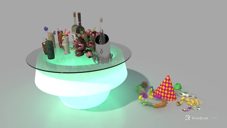 Wine Bottles And Glasses Displayed On Glass Round Table With Flower Bouquet And Party Decorations 3d model 