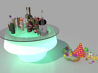 Wine Bottles And Glasses Displayed On Glass Round Table With Flower Bouquet And Party Decorations 3d model