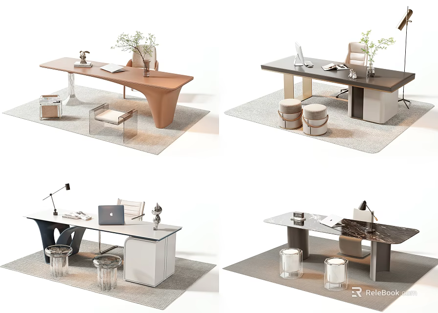 Modern Office Desk Design with Wooden Marble Top Chair Lamp and Laptop 3d model 