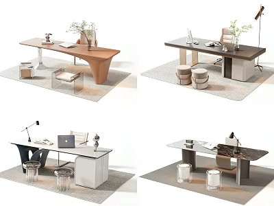 Modern Office Desk Design with Wooden Marble Top Chair Lamp and Laptop 3d model