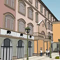 Modern Commercial Street With Surrounding Buildings And Pedestrian Public Square