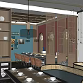 Buffet Restaurant Interior With Food Display Counters Dishes Marble Flooring Red Ceiling And Green Plants