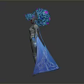 Woman In Decorative Silver Outfit With Elaborate Blue Purple Headdress And Flowing Blue Cape