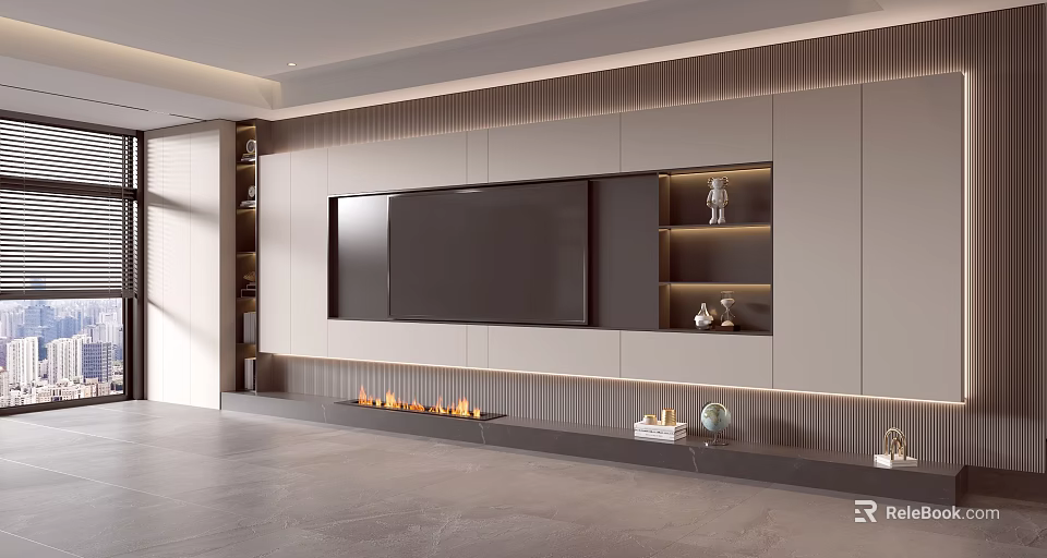 Modern TV Background Wall Design With Built in Shelves Fireplace And Decorative Lighting 3d model 